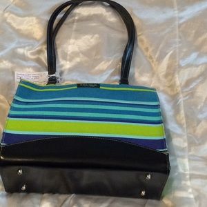 kate spade Teal, Blue & Lime Striped Shoulder Bag with Black Trim